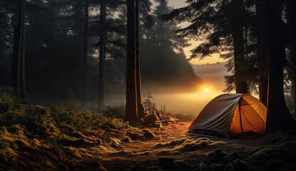 Camping tent in the mountain forest at sunrise