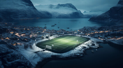 Aeial view of football ground in the ice region