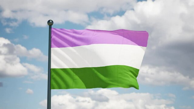 Gender queer pride flag. Pride lgbtqi+ flag flutters on the wind . Cloudy sky background