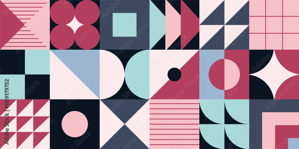 Poster Abstract geometric design. Shapes pattern. Geometry texture poster. Minimal modern art. Squares composition. Mosaic collage. Avant-Garde print. Bauhaus background. Vector illustration