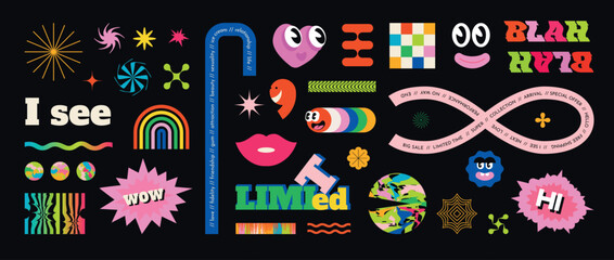 Abstract stickers. Graphic icons and modern typography. Funny emoji. Retro design background. Colorful lettering ribbon. Geometric symbols. Groovy labels. Vector 90s style figures set