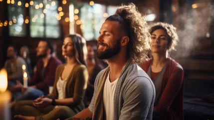 Foto op Canvas A group meditation session in a yoga studio, breath exercise, men and women meditating and breathing with closed eyes, breath-work concept © AI Visual Vault