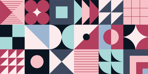 Obraz premium Abstract geometric design. Shapes pattern. Geometry texture poster. Minimal modern art. Squares composition. Mosaic collage. Avant-Garde print. Bauhaus background. Vector illustration