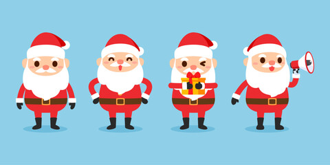 Set Cute Santa Claus stand, laugh, hold a giftbox, and speak megaphone, isolated on a blue background. Vector illustration cartoon flat design.
