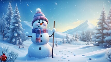 Merry Christmas and happy New Year greeting card with copy-space. Happy snowman with a broom in hand, standing in Christmas landscape. Snow background. Winter fairytale.