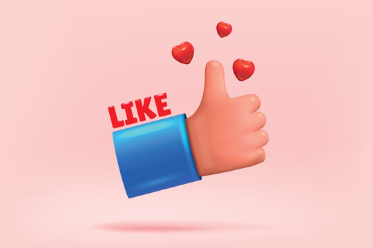 3D like. Hand of approve. Red heart. Love for social media. Thumb finger icon. Click up internet sign. Follow or friend button. Best evaluation. Render human arm. Vector web element