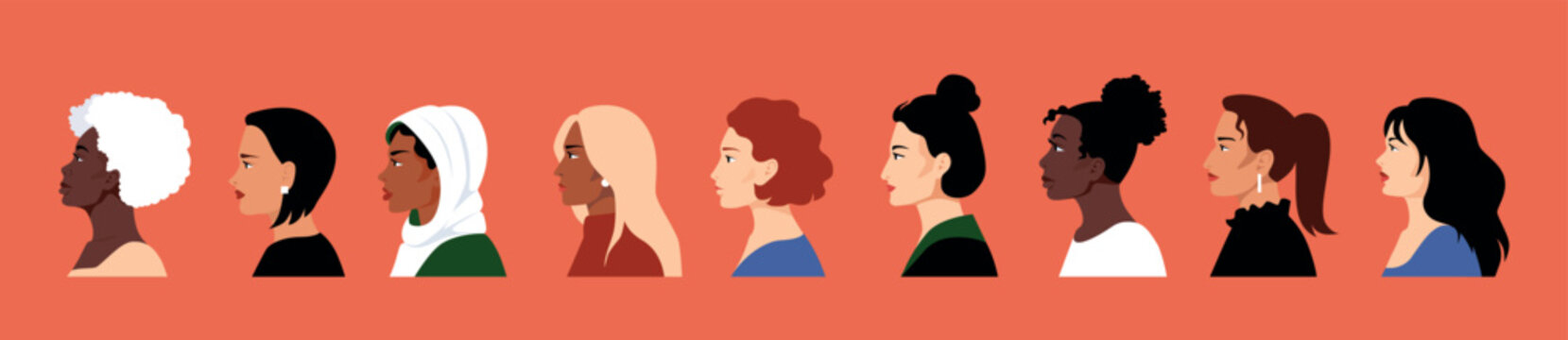 Women Profile. International Woman Day, Hair And Face Silhouette, Female People Beauty Girl In Hijab. Various Nationality. Blonde And Brunette, African American And Muslim, Vector Cartoon Set