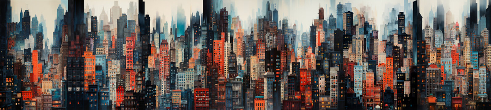 Illustration. panorama of big city. wide banner. Mixed style painting. For poster, business card, invitation, flyer, banner, email, header.  Generative Ai content