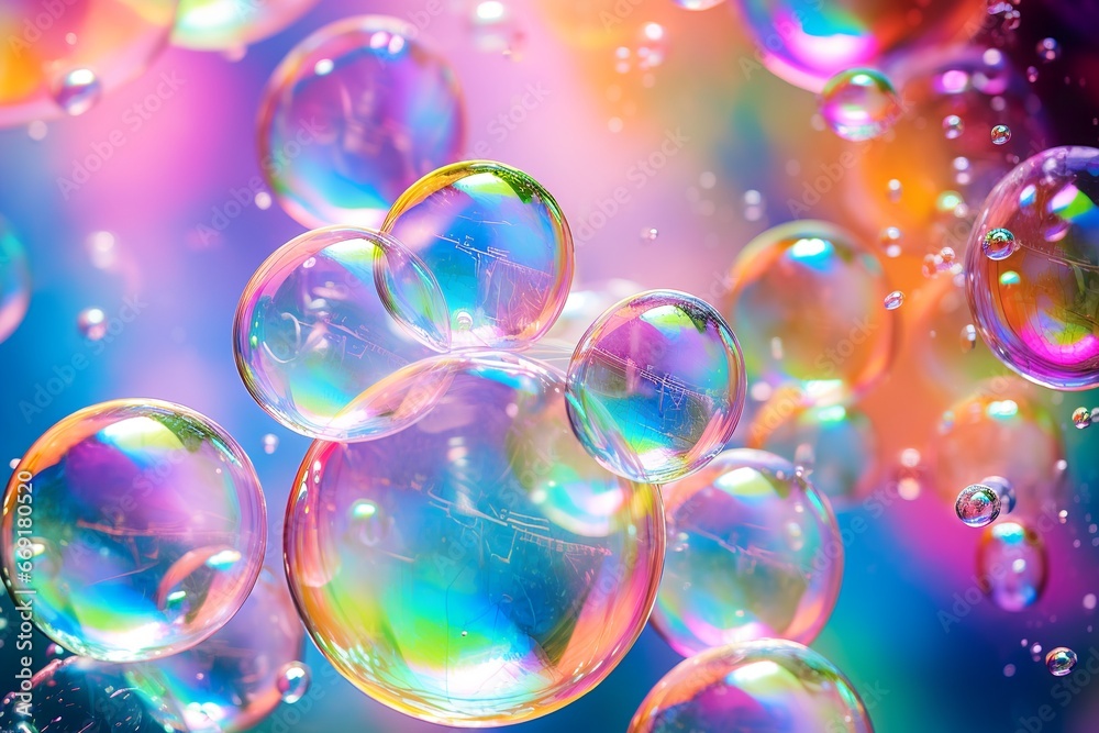 Poster iridescent soap bubble on multi colored background