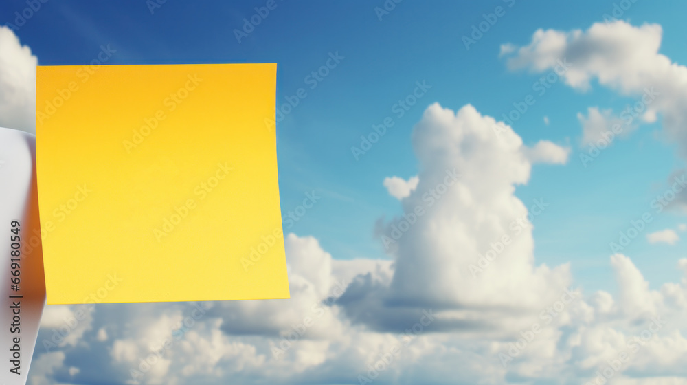 Wall mural yellow adhesive note with sky background. inspirational motivational quote, yellow, blank, paper, ba