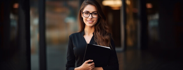 Illustration of a beautiful cheerful smiling business lady or secretary in a black business suit with a folder in her hands. For poster, invitation, flyer, banner, header. Generative AI content - obrazy, fototapety, plakaty