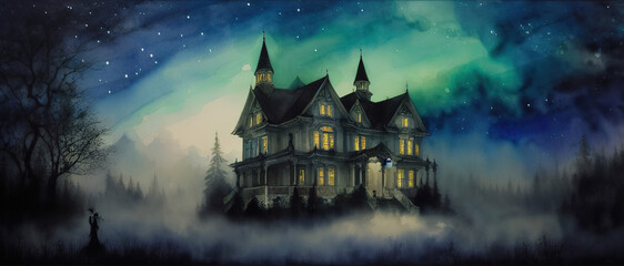 Fototapeta na wymiar Gloomy old house in a deep ghostly forest, generative ai.