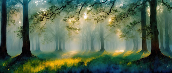 Mystical watercolor oak forest in autumn with light fog, generative ai.