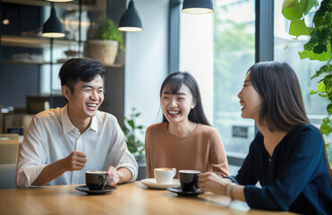 Young asian people drinking coffee in office.