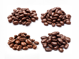 Pile of brown coffee beans isolated on white background.