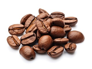 Pile of brown coffee beans isolated on white background.