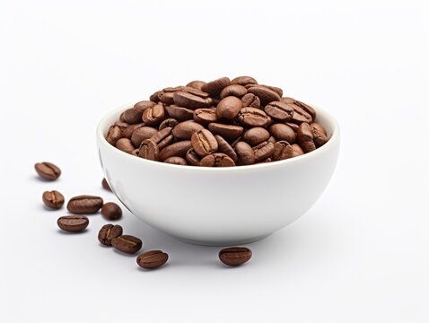 Pile of brown coffee beans isolated on white background.