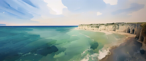 Panorama in France alabaster coast Normandy, Landscape Beach, Generative AI