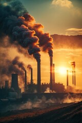 Factory pipes create air pollution. Smoke from the chimney and sunlight environmental problems and the concept of global warming.