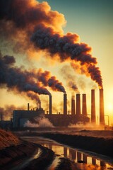 Factory pipes create air pollution. Smoke from the chimney and sunlight environmental problems and the concept of global warming.