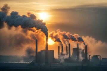 Factory pipes create air pollution. Smoke from the chimney and sunlight environmental problems and the concept of global warming.