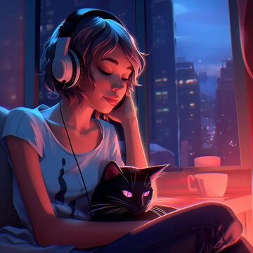 Artwork of a Girl Listening to Headphones While a Cat Sits on Her Lap