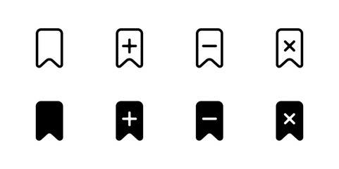 Bookmark icon set. Save sign collection. Bookmark with plus,star,check