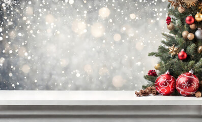 Empty table, blurred Christmas background