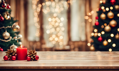 Fototapeta na wymiar Wooden table, blurred Christmas background