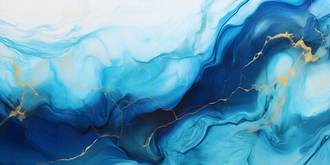 Abstract background of blue liquid with gold flecks. Wallpaper and screensaver for desktop