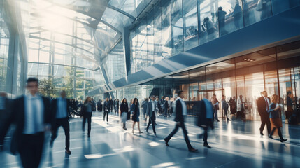 Long exposure shot of a crowd of business people walking through a bright office. Banner with fast moving people with blurring