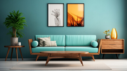 Living room with a bright turquoise retro sofa and a painting on the wall and a potted tropical plant