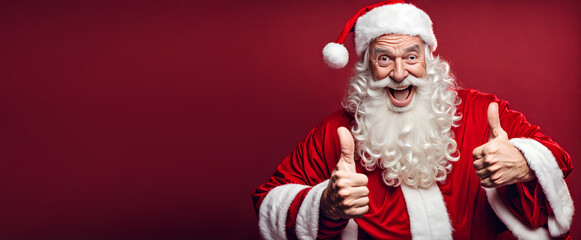 Excited Santa gives thumbs up over red background