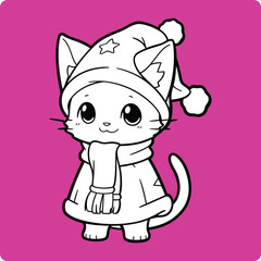 Christmas Cute  Cat Coloring Page Character Illustration Vector Design v06