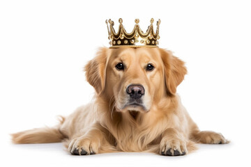 Golden Retriever dog with crown on head in front of white background