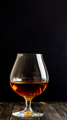 Glass of cognac on dark wooden table, isolated with black background. Generative AI