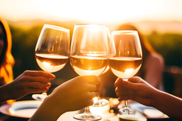 People clinking glasses with wine at sunset - obrazy, fototapety, plakaty