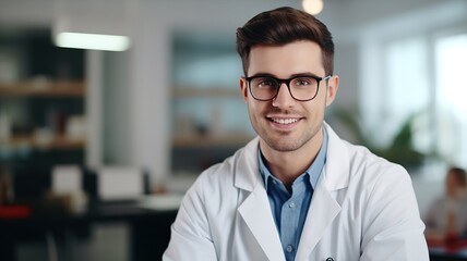 Happy young attractive caucasian Physician Man doctor Smiling and Looking at camera Posing With Stethoscope on clinik Background. Doctor's Portrait. Medical Career Concept. ai.