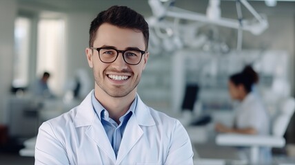 Happy young attractive caucasian Physician Man doctor Smiling and Looking at camera Posing With Stethoscope on clinik Background. Doctor's Portrait. Medical Career Concept. ai. - obrazy, fototapety, plakaty
