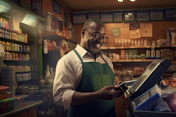 Online accounting and sales analysis. Smiling middle aged African American man who owned a grocery store standing with a tablet PC. - obrazy, fototapety, plakaty