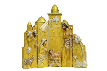 sculpture representing the Christmas nativity scene in gold color cut out on a transparent background