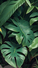 Monstera delicosa leaves textured background, jungle tree, tropical forest plant evergreen vines bush