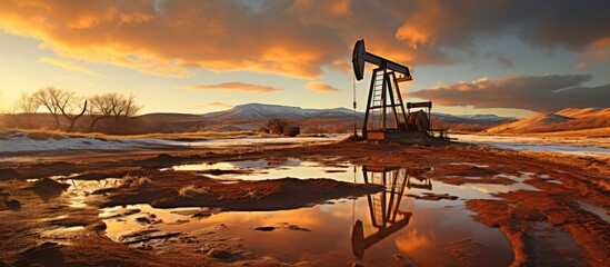 Oil drilling crane in desert field. production of crude oil from the ground. and oil drilling pump jack background.