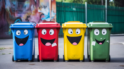 funny recycling trash, street garbage, colored waste bins, Generative AI