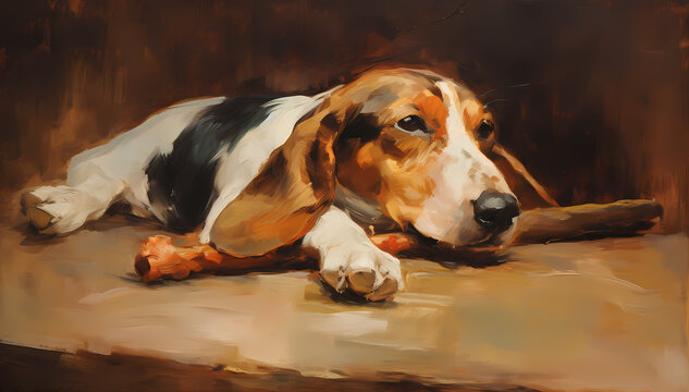 Basset Hound dog resting on top of a stick in oil painted style