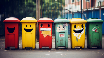 funny recycling trash, street garbage, colored waste bins, Generative AI - obrazy, fototapety, plakaty