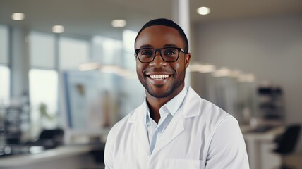 Obraz premium Portrait of smiling attractive african american young male doctor wearing in a white coat standing in a hospital background looking at camera. Good family doctor, therapist advice and friendly. ai.