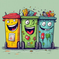 funny recycling trash, street garbage, colored waste bins, Generative AI