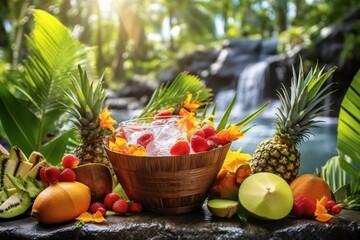 Tropical fruits on the beach with beautiful waterfall in the background