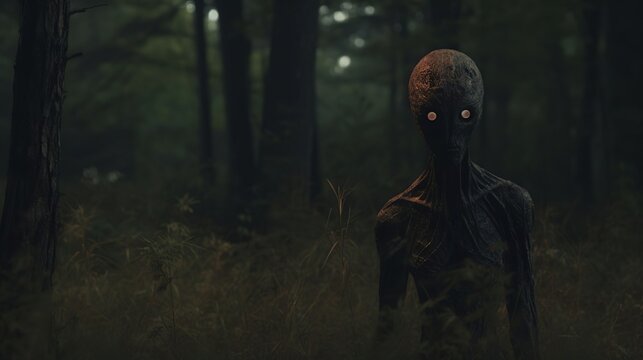 A scary alien lurking in the distance behind the trees, created using Generative AI technology.